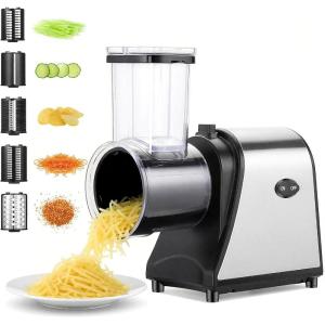 image250W Electric Cheese Grater 5in1 Grater Shredder for SlicingShreddingGrinding 5 Blades with OneTouch Control Salad Maker for Block Cheese Fruits Vegetables BPAFree Easy to CleanFine