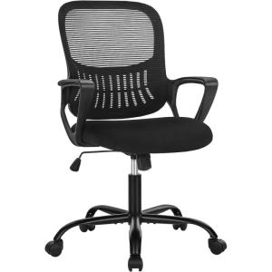 imageHome Office Computer Desk Chair Ergonomic MidBack Mesh Swivel Rolling Work with Wheels Comfortable Lumbar Support Comfy Arms Bedroom Study Dorm Student AdultsNight Black