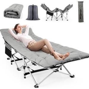 imageNictemaw Camping Cots with Velvet Mattress Sleeping Cots for Adults 900lbs Double Layer Oxford Portable Folding Cots Lightweight Stable Durable Outdoor Home Office Grey Velvet Mattress