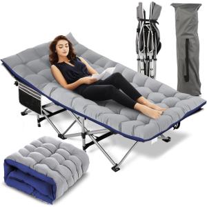 imageNictemaw Folding Camping Cot 900 LBS Heavy Duty Sleeping Cot Portable Camping Cots for Adults Double Layer Oxford with Carry Bag for Home Office Nap and Outdoor Beach BlueBluegrey