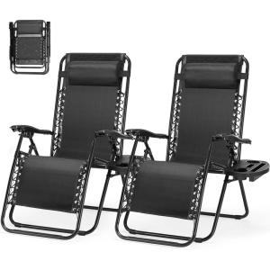imageSet of 2 Zero Gravity Chair Outdoor Lounge Chairs Portable Folding Reclining Camping Chair with Adjustable Pillow and Cup Holder Trays for Patio Garden Lawn Beach Black