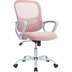 imageHome Office Desk Chair Ergonomic Computer Managerial Executive Chairs MidBack Work Swivel Task Chairs with Wheels Lumbar Support Comfy Flipup Armrest for Gaming Study StudentLight Pink