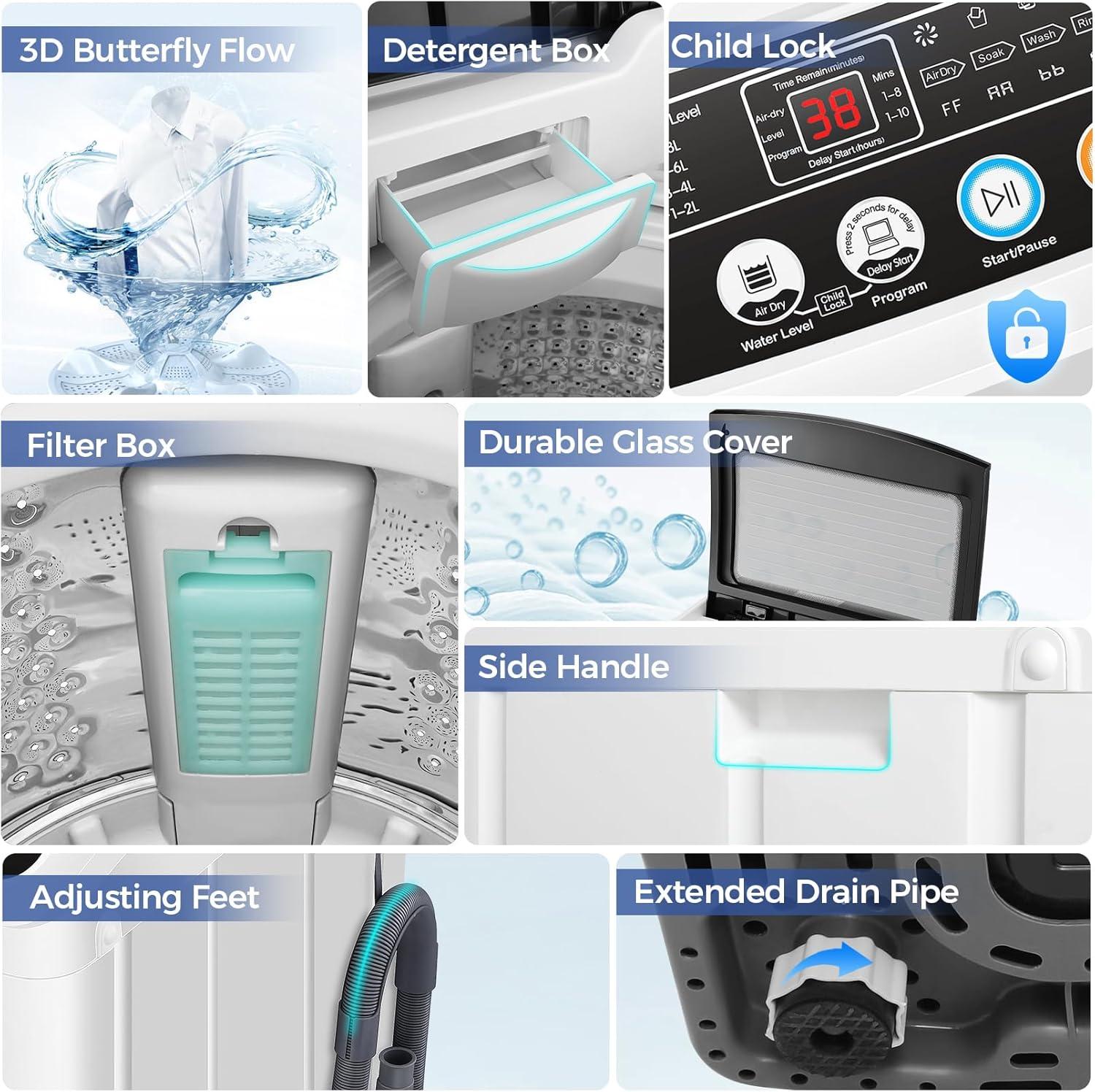 imageNictemaw Portable Washing Machine 20Lbs Capacity FullAutomatic Portable Washer 28Cuft Washer and Dryer Combo with 10 Programs 8 Water Levels Laundry Machine for Apartment Dorms RVGlass Cover