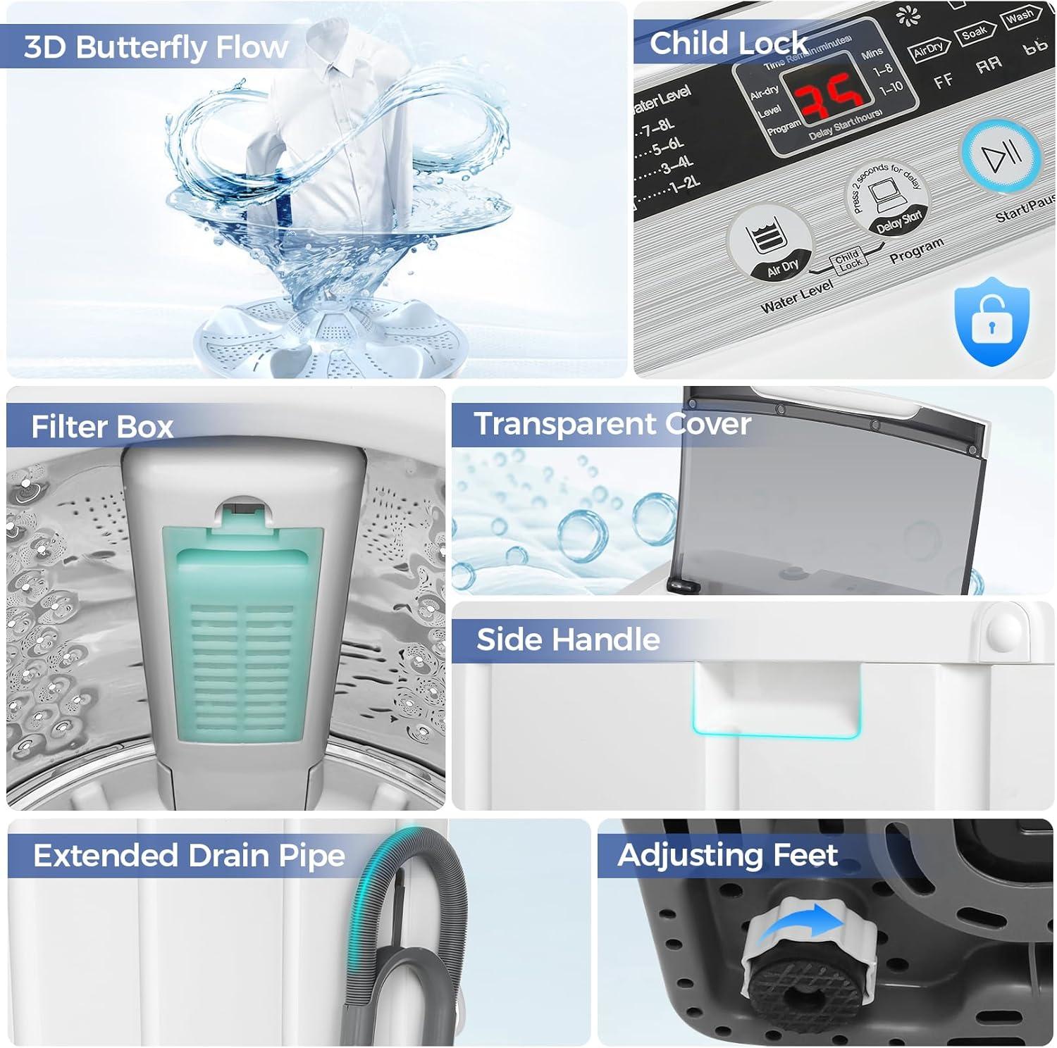 imageNictemaw Portable Washing Machine 20Lbs Portable Washer Machine with Drain Pump 28 Cuft Compact Washer with 10 Programs 8 Water Levels Small Washing Machine for Apartment Home Dorms RvWhite