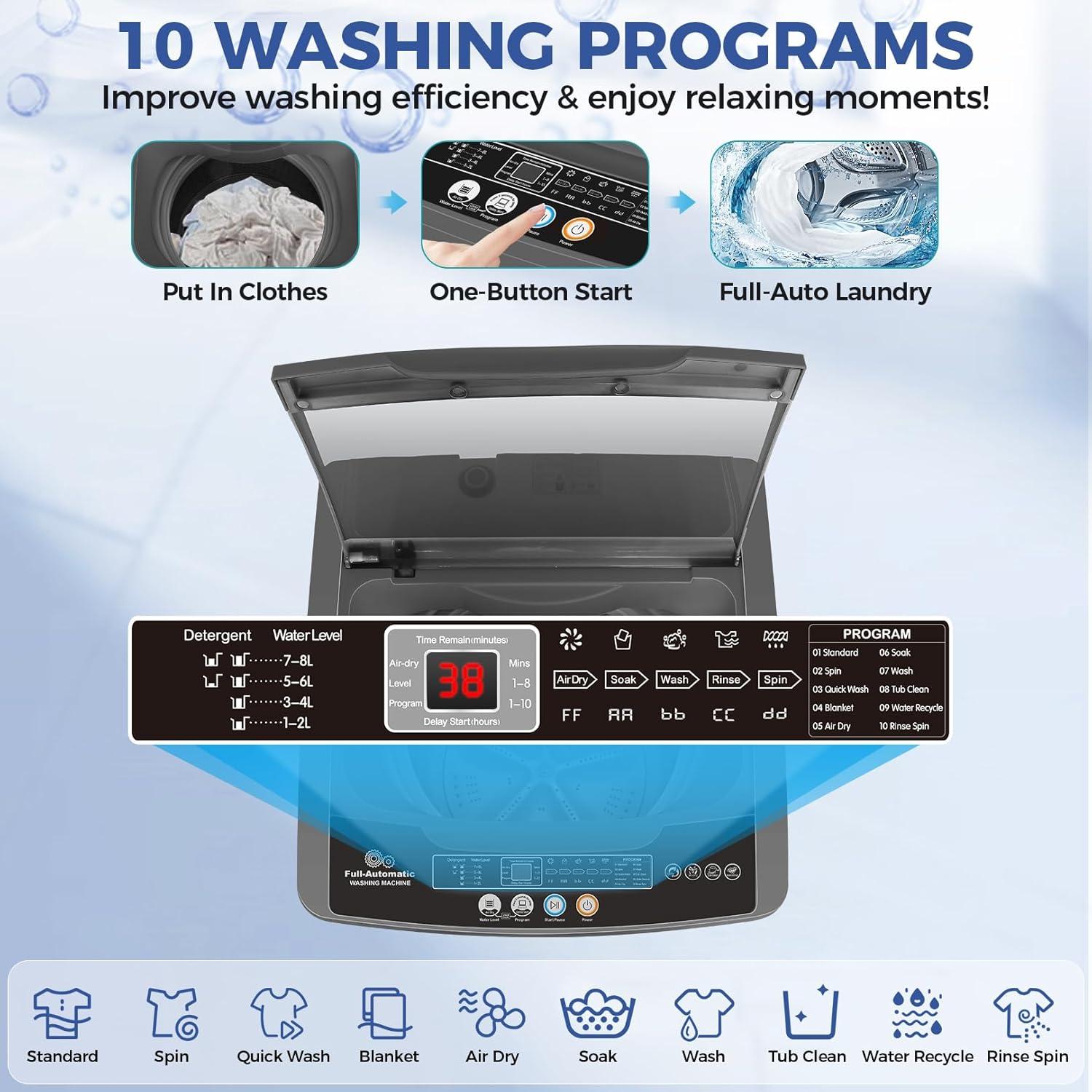 imageNictemaw Portable Washing Machine 20Lbs Portable Washer Machine with Drain Pump 28 Cuft Compact Washer with 10 Programs 8 Water Levels Small Washing Machine for Apartment Home Dorms RvDark Grey