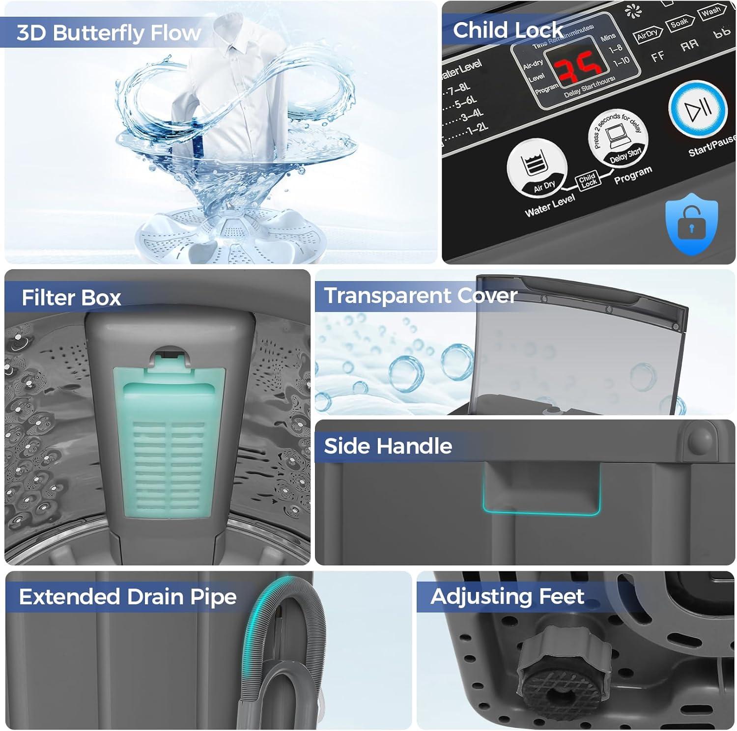 imageNictemaw Portable Washing Machine 20Lbs Portable Washer Machine with Drain Pump 28 Cuft Compact Washer with 10 Programs 8 Water Levels Small Washing Machine for Apartment Home Dorms RvDark Grey