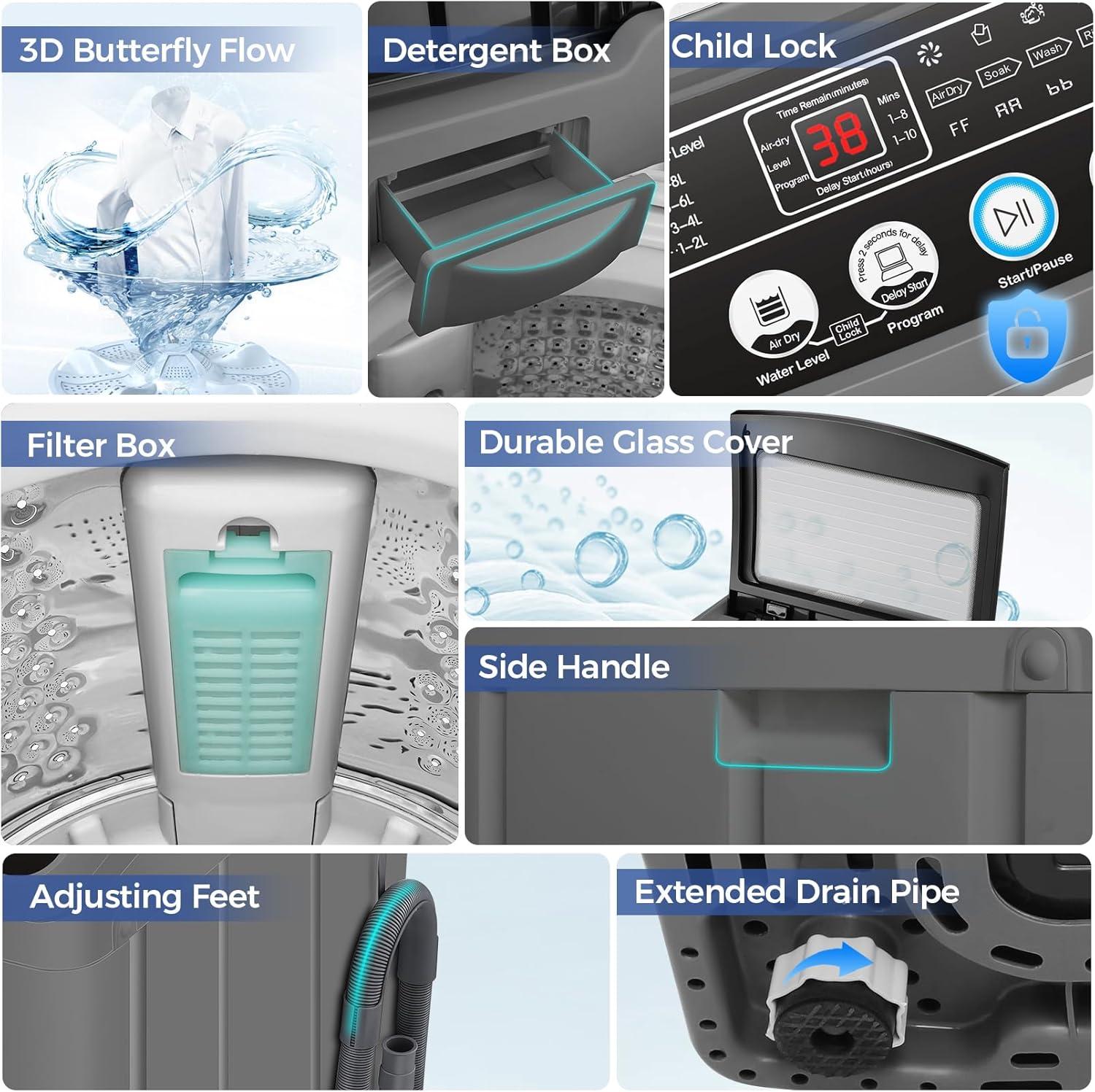 imageNictemaw Portable Washing Machine 20Lbs Portable Washer Machine with Drain Pump 28 Cuft Washer and Dryer Combo with 10 Programs 8 Water Levels Compact Washer for Apartments SlowClose Glass CoverDark Grey