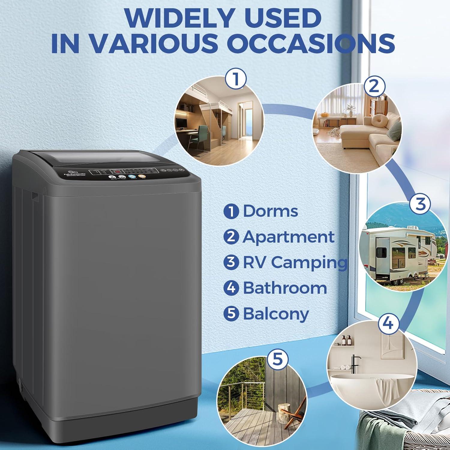 imageNictemaw Portable Washing Machine 20Lbs Portable Washer Machine with Drain Pump 28 Cuft Washer and Dryer Combo with 10 Programs 8 Water Levels Compact Washer for Apartments SlowClose Glass CoverDark Grey