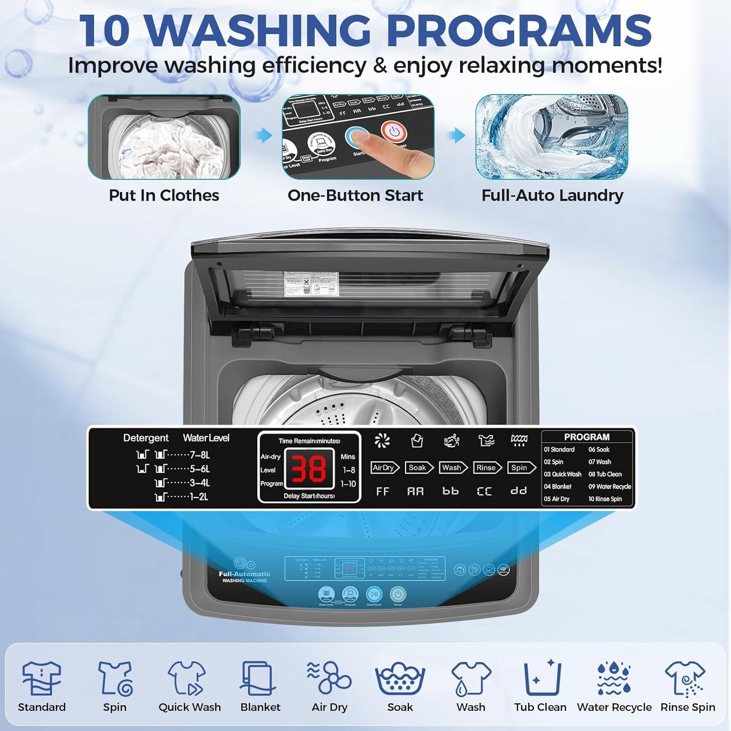 imageNictemaw Portable Washing Machine 20Lbs Portable Washer Machine with Drain Pump 28 Cuft Washer and Dryer Combo with 10 Programs 8 Water Levels Compact Washer for Apartments SlowClose Glass CoverDark Grey