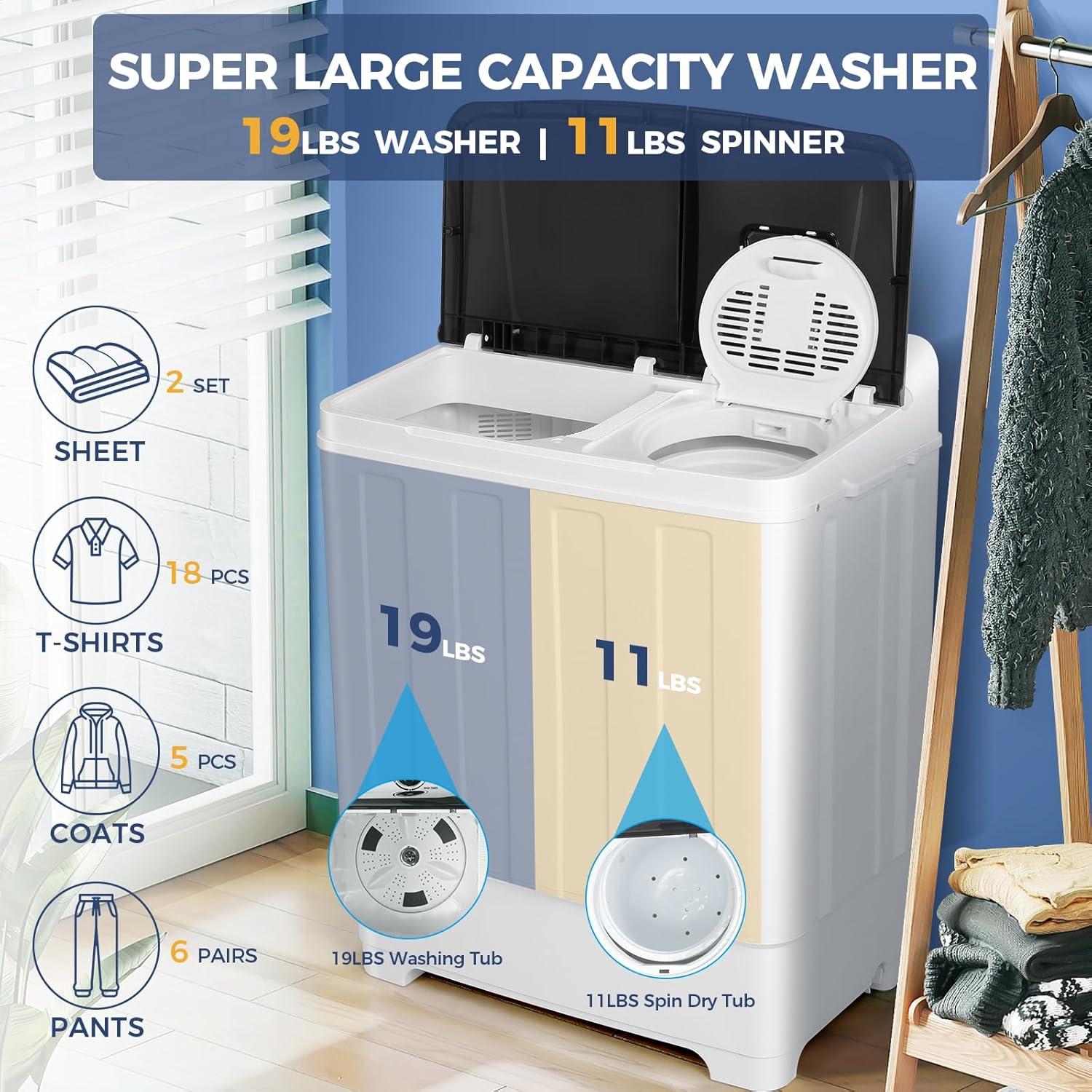 imageNictemaw Portable Washing Machine 30Lbs Compact Washing Machine Twin Tub Laundry Washer Machine with Drain Pump SemiAutomatic 19Lbs Washer and 11Lbs Spinner Combo for Apartments Dorms RVsblack